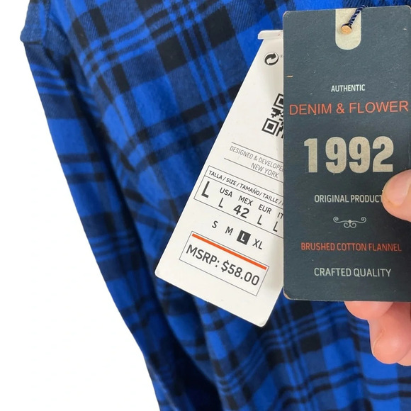 BF1192 NWT Mens Denim & Flower Slim Fit Plaid Flannel Button Down Shirt L - Picture 4 of 6